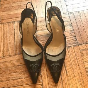 Vintage Chanel Black Leather Mesh Slingback Heels
